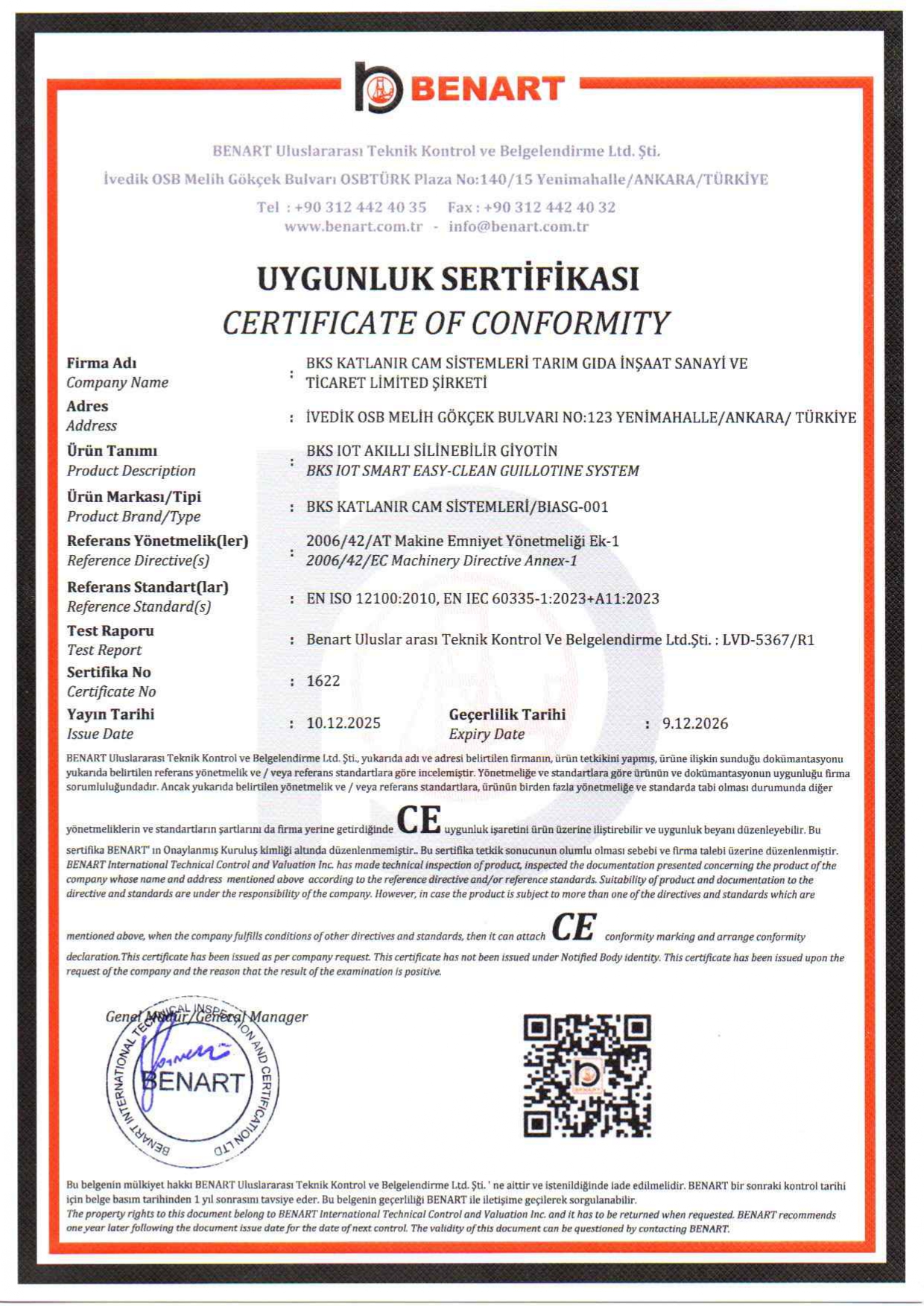 BKS IOT AKILLI SİLİNEBİLİR GİYOTİN - CE UYGUNLUK SERTİFİKASI