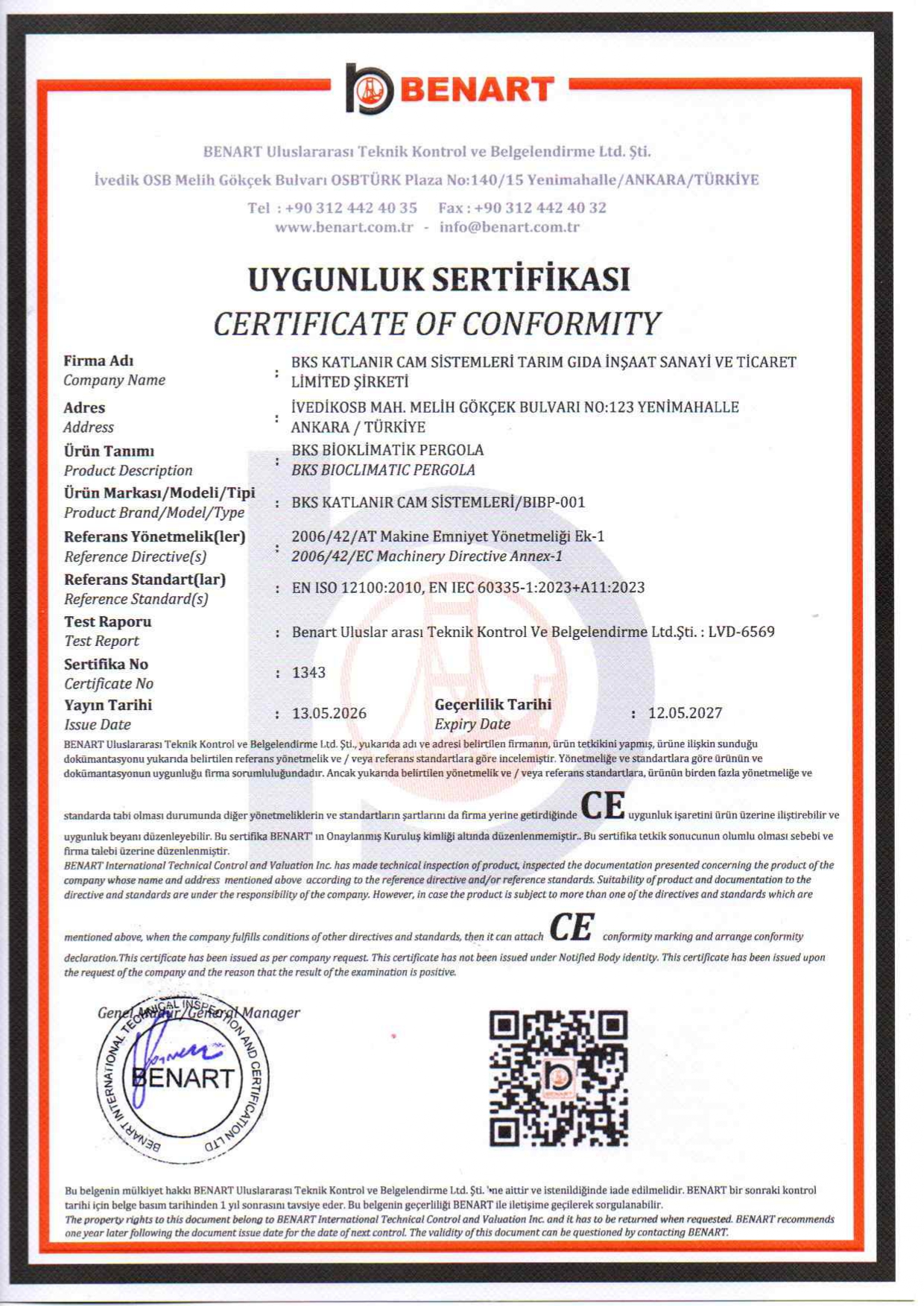 BKS BİOKLİMATİK PERGOLA - CE UYGUNLUK SERTİFİKASI