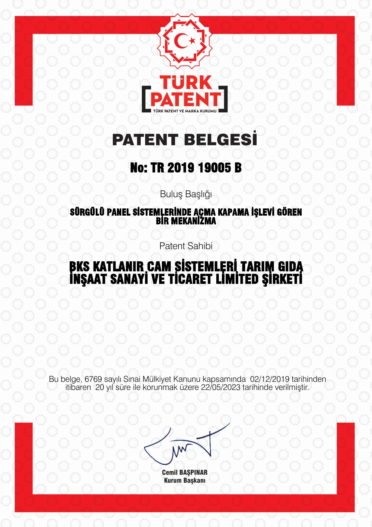 PATENT BELGESİ - SÜRGÜLÜ PANEL SİSTEMLERİNDE AÇMA KAPAMA İŞLEVİ GÖREN BİR MEKANİZMA